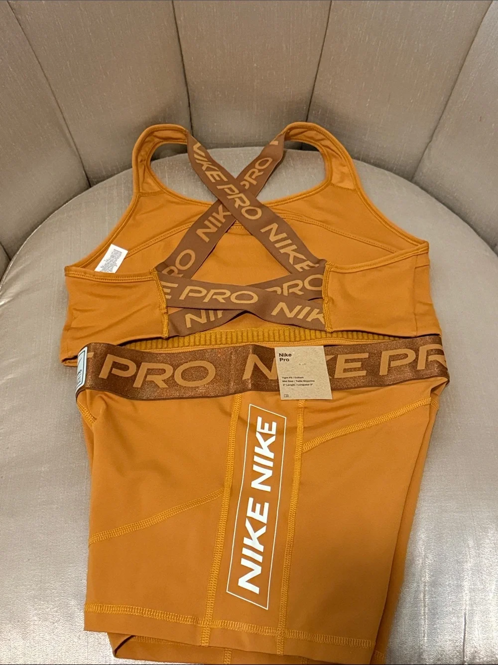 Nike Pro Matching Set Bronze Gold Cross Back Sports Bra L & Shorts M